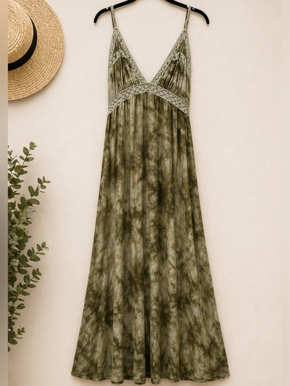 Green Tie-Dye Lace-Trim Maxi Dress